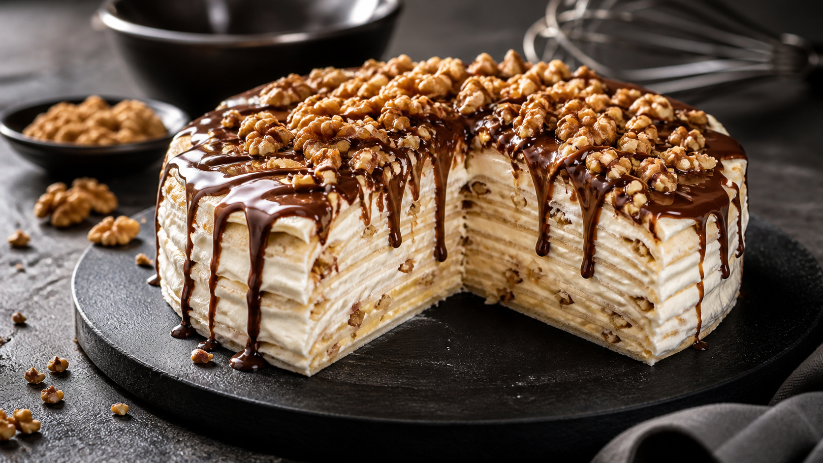 Bolo de Crepes com chantily, nozes e chocolate