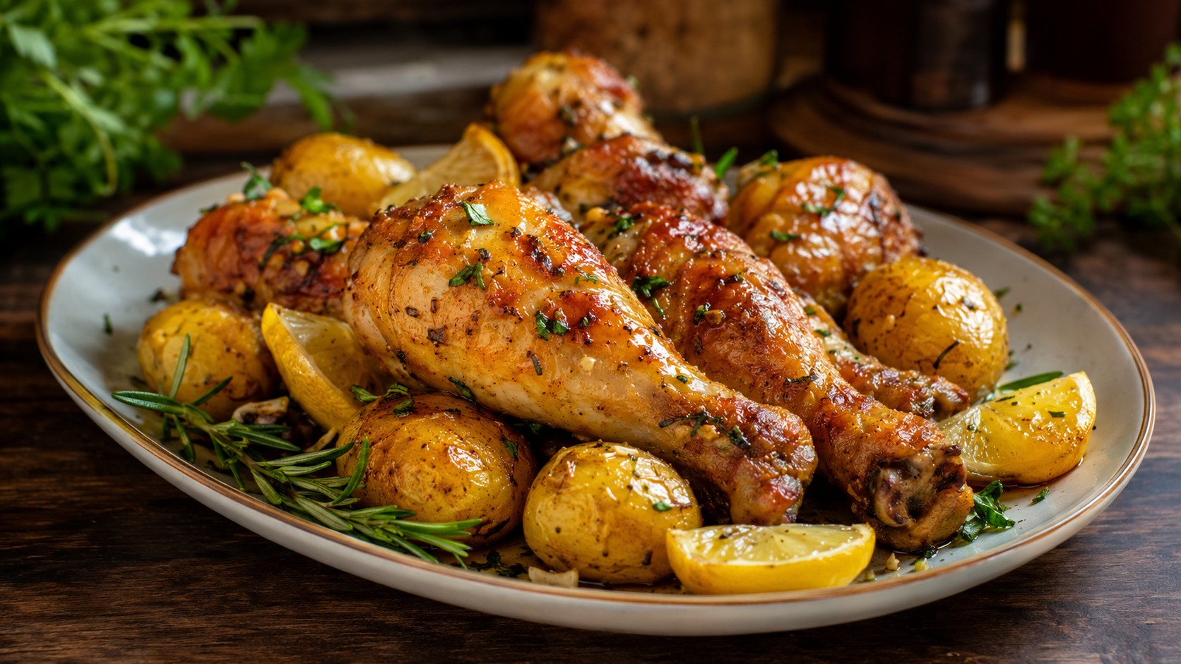 Pernas de Frango com Alho, limão e Batatinhas