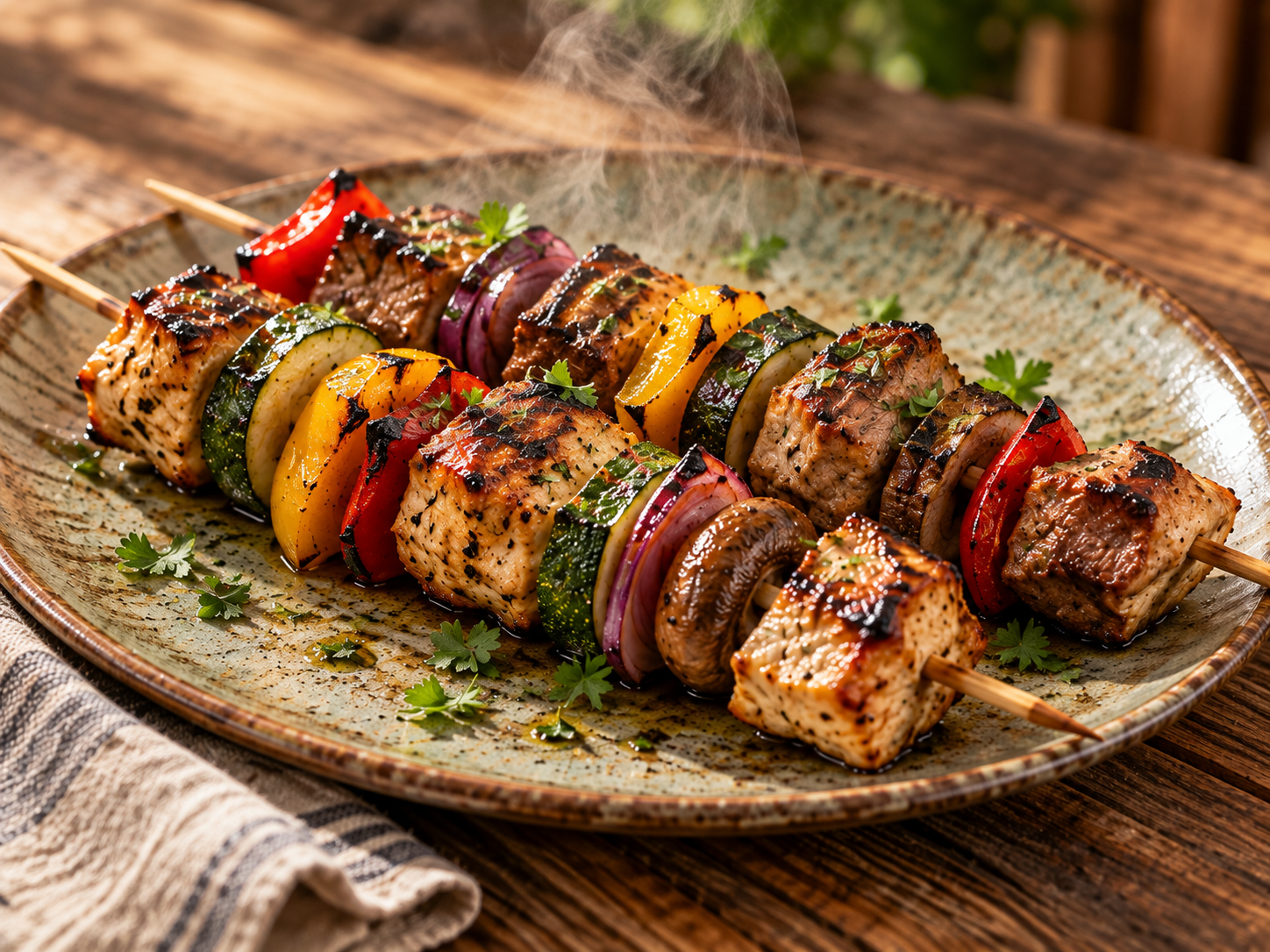 Espetadas de Frango com Cogumelos, Cebola Roxa, Pimentos e Curgete