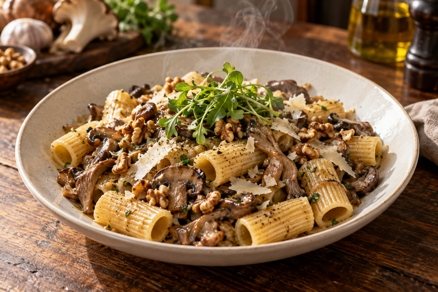 Rigatoni de cogumelos e nozes